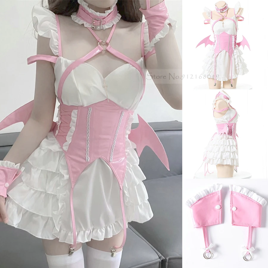 

Evil Little Demon Maid Outfit Pink Ruffle Suspender Lolita Dress Halloween Vampire Bat Cosplay Costume Masquerade Party Dress Up