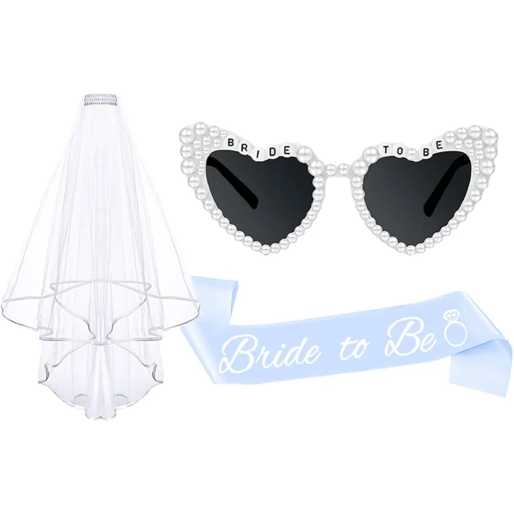 Gafas de sol para novia, conjunto de faja y velo de capas con perlas a juego, accesorios para despedida de soltera, despedida de soltera, compromiso
