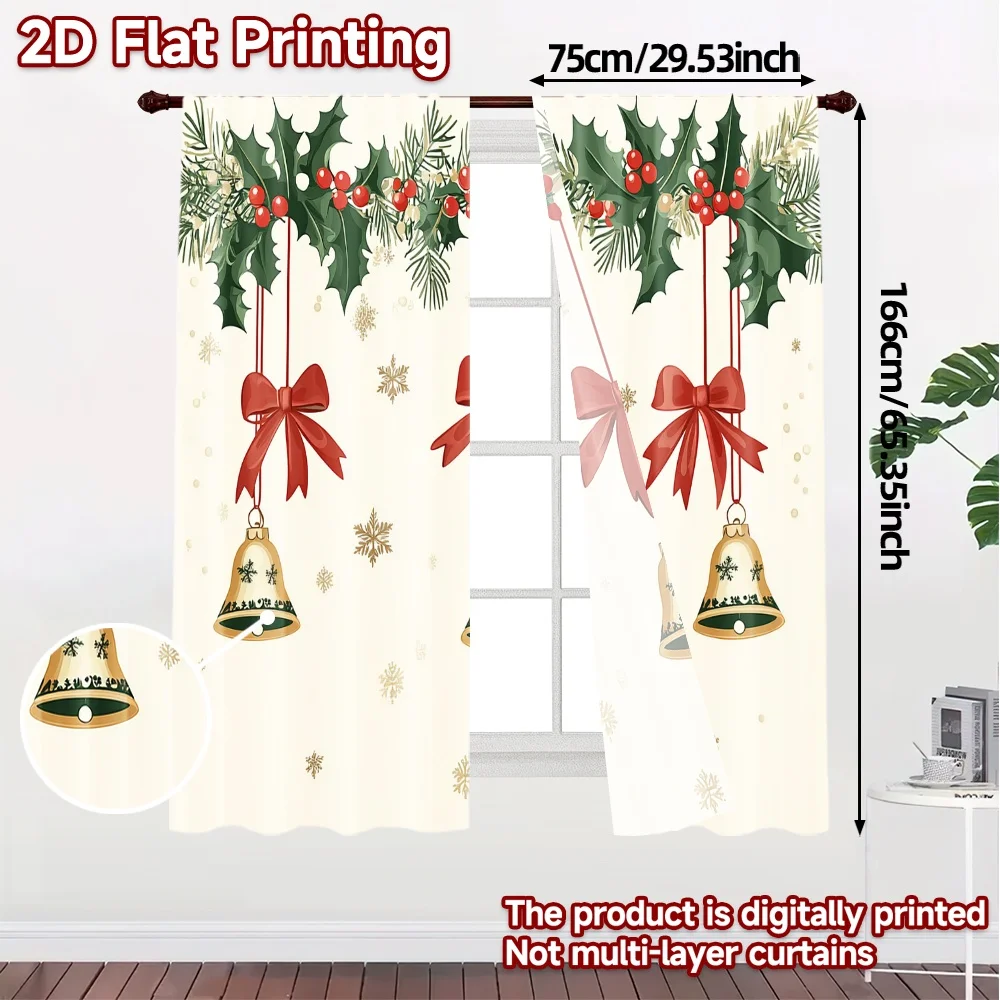 2pcs,Curtains Christmas Bells Holly Berries (3) Chic Curtains&Drapes Semi-Sheer Curtains Decorations Outdoor Ldeal for Bedroom,