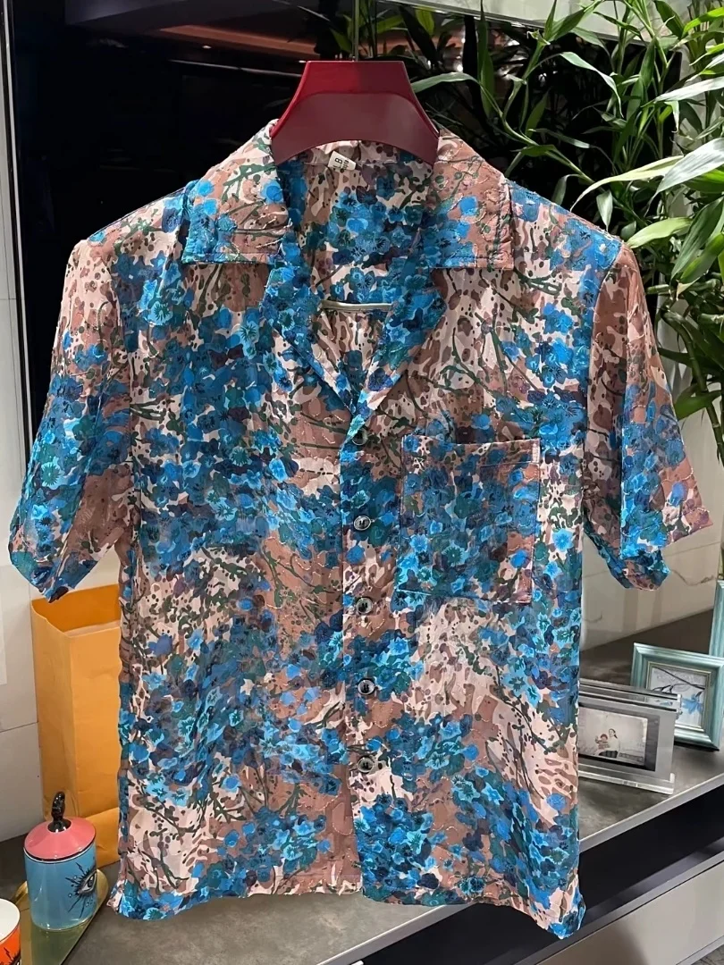 

Summer Blue Floral Pattern Ice Silk Bare Sensation Embroidery Proc Men's Versatile ort Sve irt Youth Faion Trend