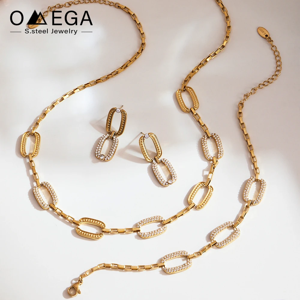 Edelstahl-Ketten-Halsketten-Armband, passender Ohrring für Damen, 18 Karat vergoldet, mit Zirkon-Halsketten, Armbändern, Ohrringe-Set