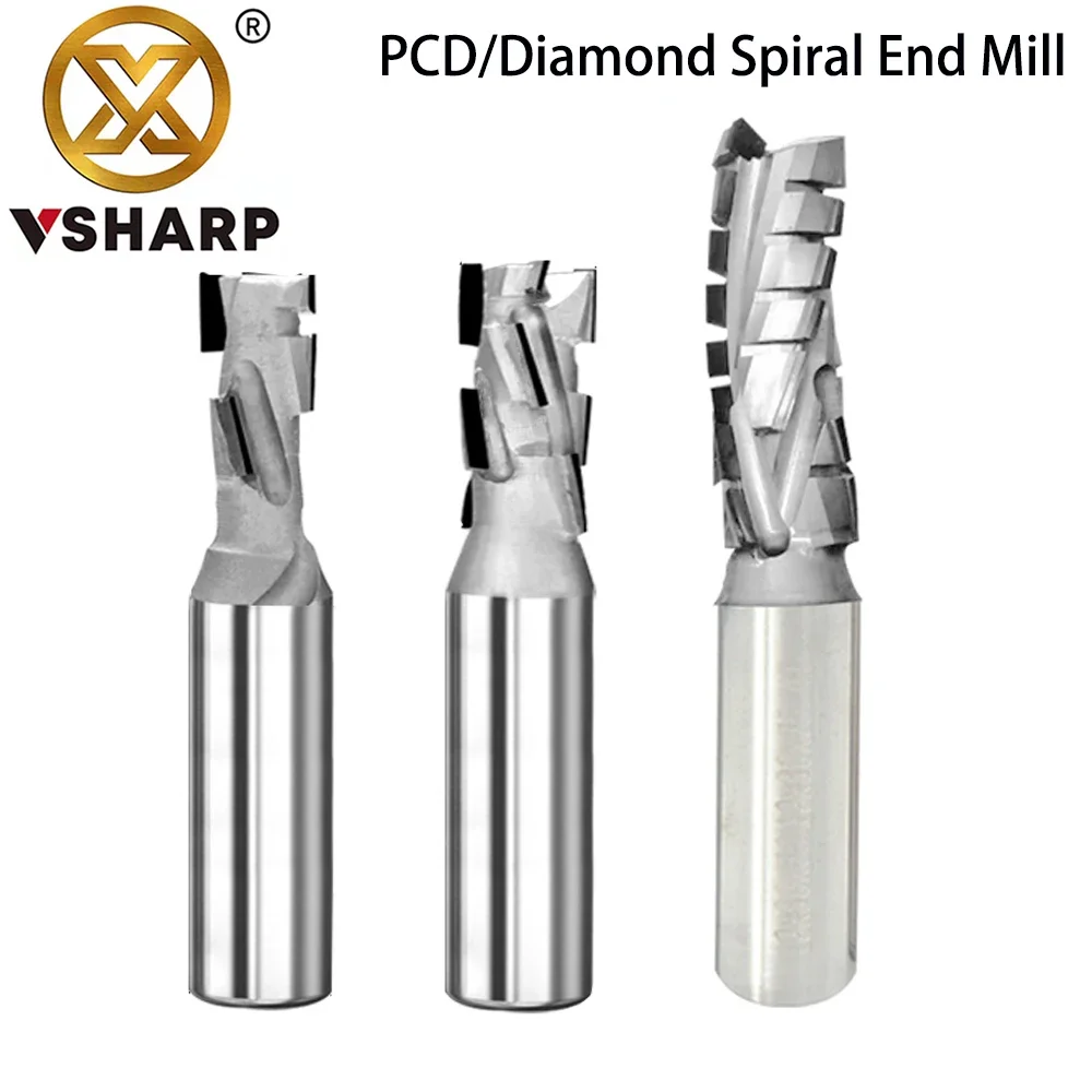 Vsharp Diamond Compression Spiral Milling Cutter PCD Corn End Mill Engraving Slotting CNC Tool for Silicate Board MDF Solid Wood