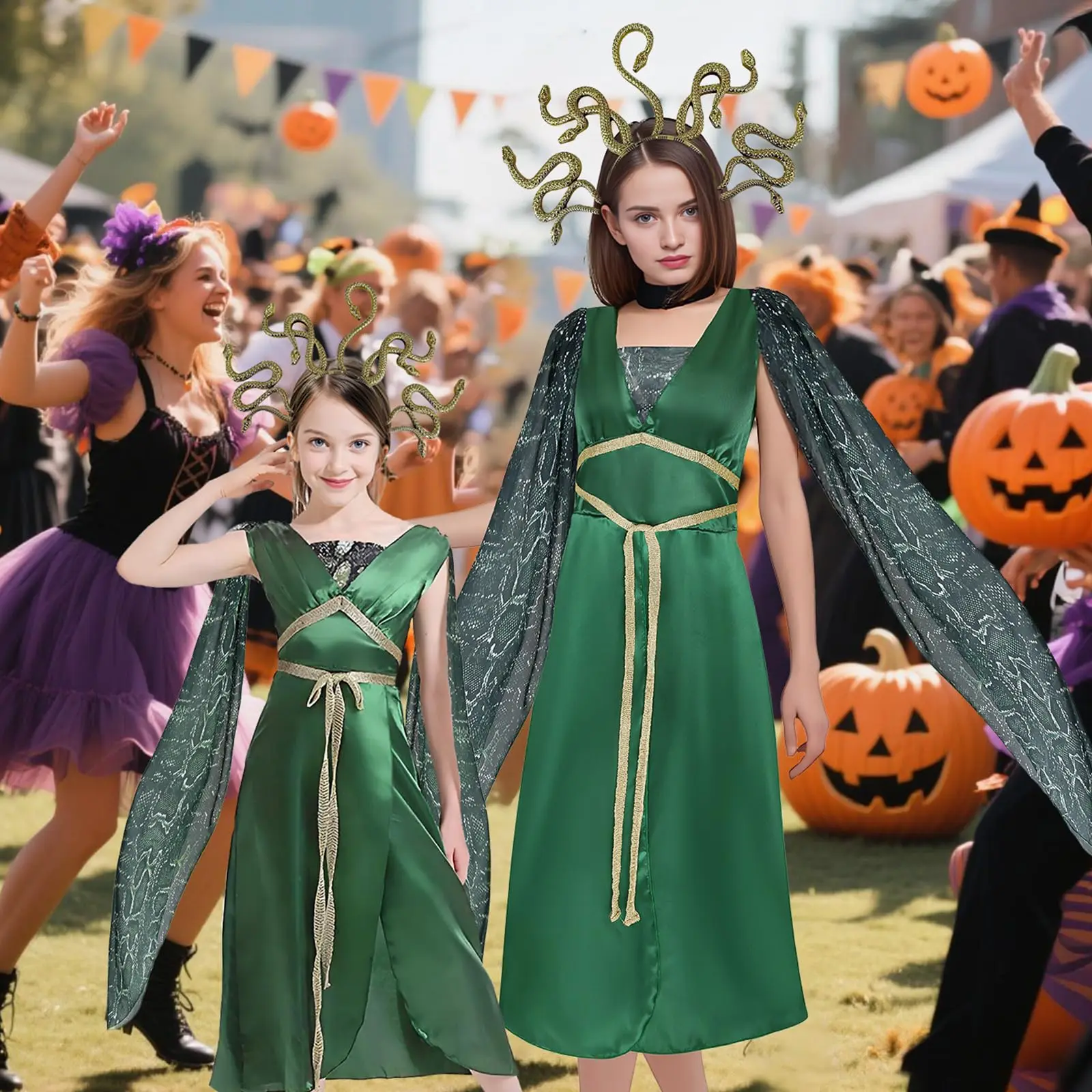 Vestido verde de diosa Medusa, disfraz de mujer, sombreros femeninos, faldas, fiesta de baile, ropa de actuación, trajes de Carnaval de Halloween
