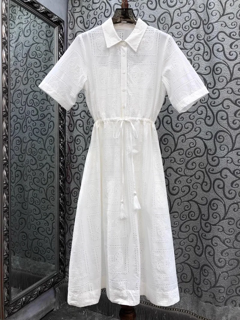 

100%Cotton Dress 2024 Summer Fashion Style Women Turn-down Collar Exquisite Embroidery Drawstring Waist Midi White Coffee Dress