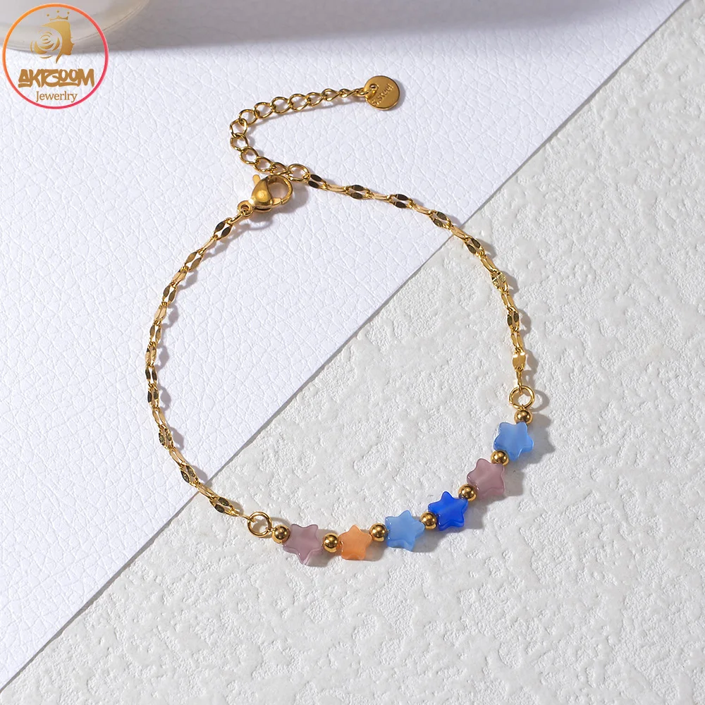 Akizoom  Colorful Star Opal Bracelet Special Chain Stainless Steel Jewelry Gift for Women Gold Color Adjustable Hand Chain Gift