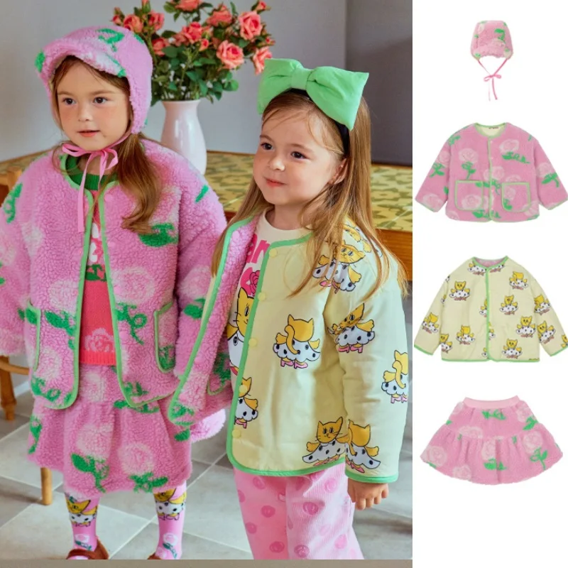 

Girls' Cotton Jacket 2025 Winter New Pink Print Fashionable Warm Children's Double-sided Jacket Lamb Wool Cute Girls' Skirt Set