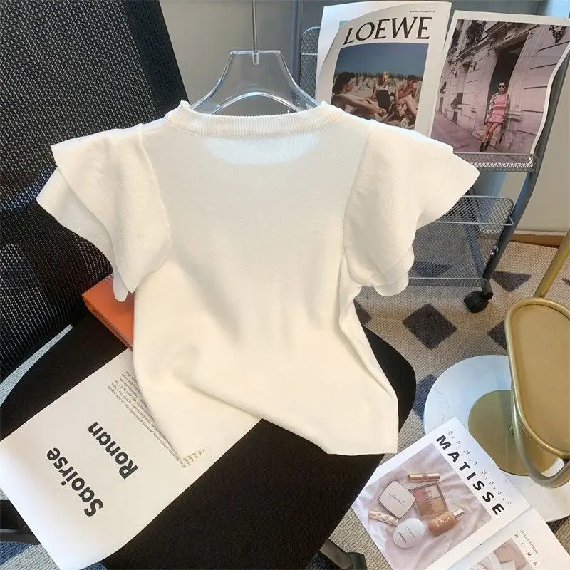 French Sweet Ruffle Sleeve Short Knitted T-shirt Women\'s Spring/summer 2023 New Beautiful Shirt Design Sense Sweater Top