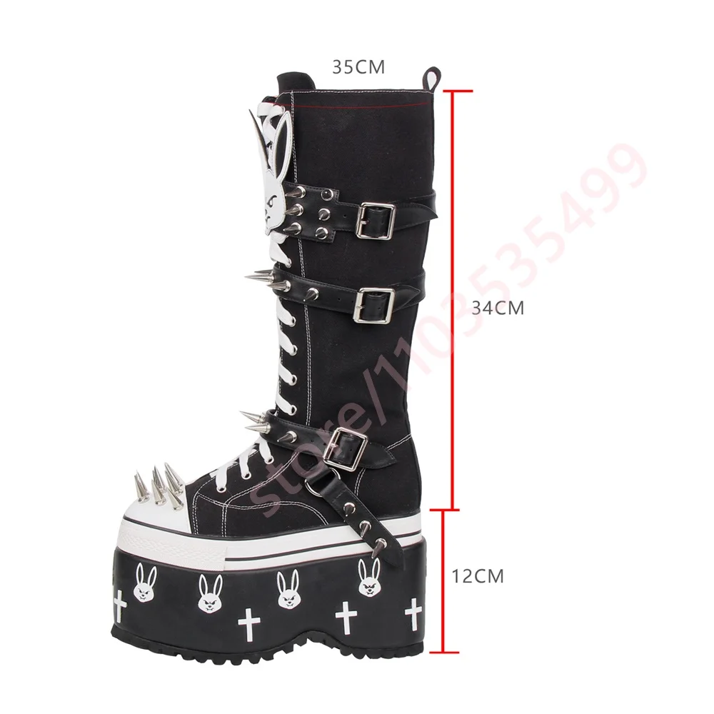 Thick Sole Rabbit Studded Canvas Boots 2026 New Belt Buckle Round Rock Y2K Motorcycle Boots Fashion Party Casual Gothic Stage Bo view 4