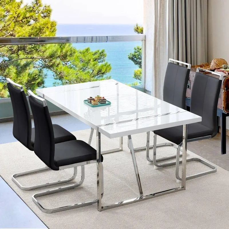 

Dining Table Set for 4, 5 Piece Dining Set，Modern Metal Frame Dining Room Table Set 4 with Metal Frame，White Table