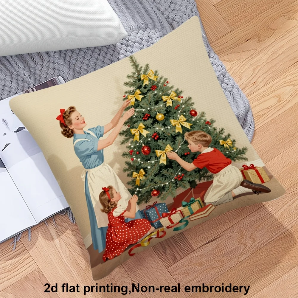 Vintage Christmas Family Pillow Case, Retro Mom Kids Tree Decor Cushion Cover, Xmas Home Sofa Decoration Gift