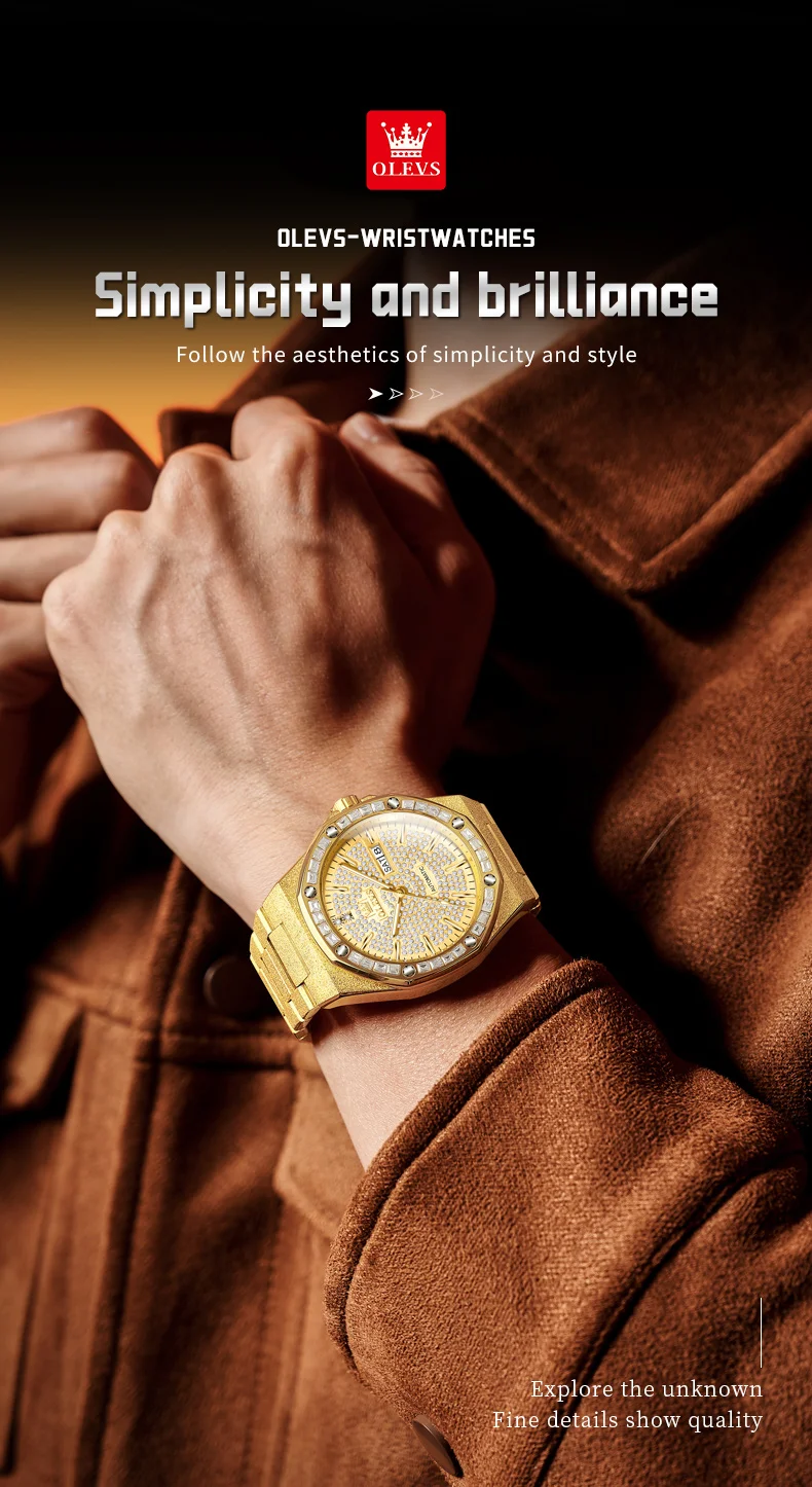 OLEVS 9803 Voll Diamantbesetzte Automatische Mechanische Uhren für Herren Luxus Edelstahl Wasserdicht Doppelkalender Business Herrenuhr – Detail 3