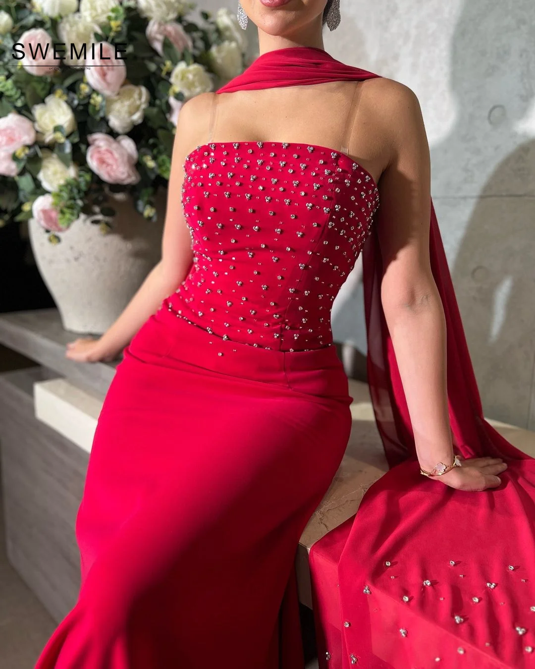 SWEMILE Red A-Line Strapless Zipper Up Sweep Train Sleeveless Dresses For Special Events Prom Dresses Formal Occasion Dresses