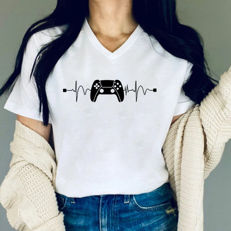 

Women V Neck T Shirt Video Games Heartbeat Graphics Short Sleeve Tops Summer Fashion Casual Harajuku Loose Female Clothes Tshirt