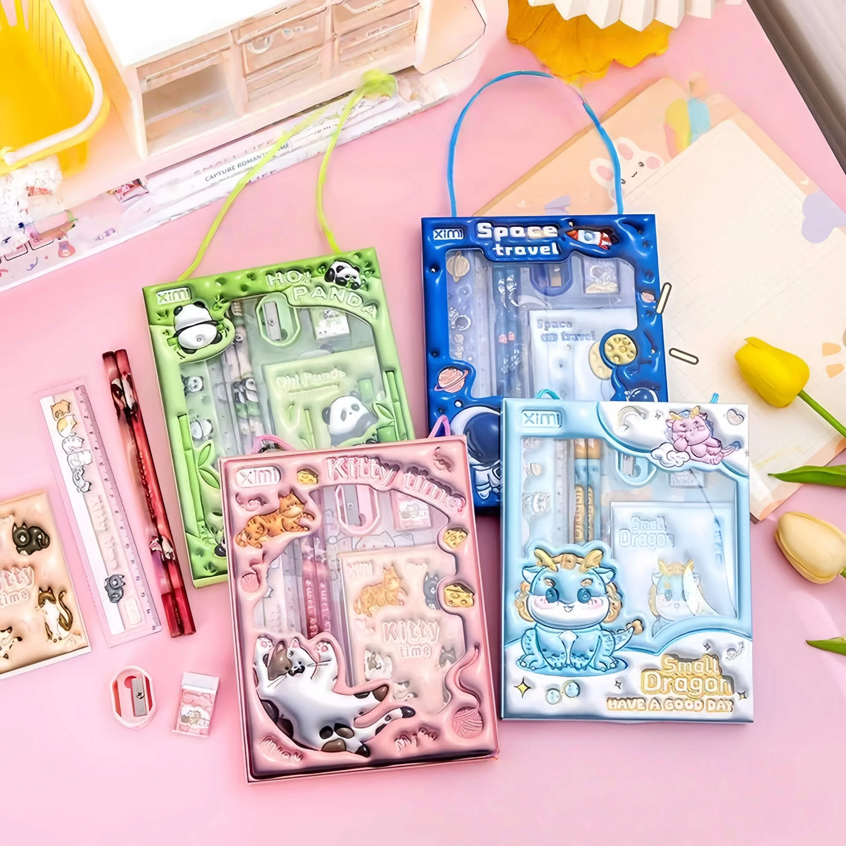 Blue/Pink 6-in-1 Learning Set, including 2 pencils, pencil sharpener, eraser, ruler, and notebook. Suitable for students to writ