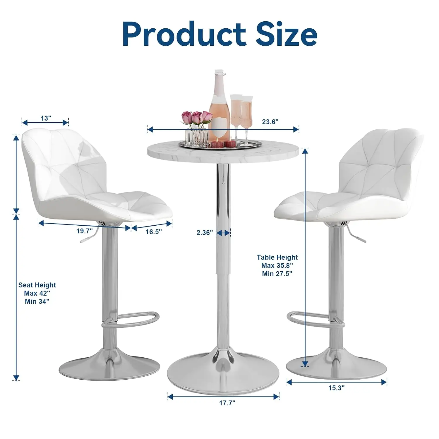 3-Piece Bar Table Set, Marble Style Round Pub Tables with 2 White Swivel Stools, Height Adjustable 360° Rotating Counter