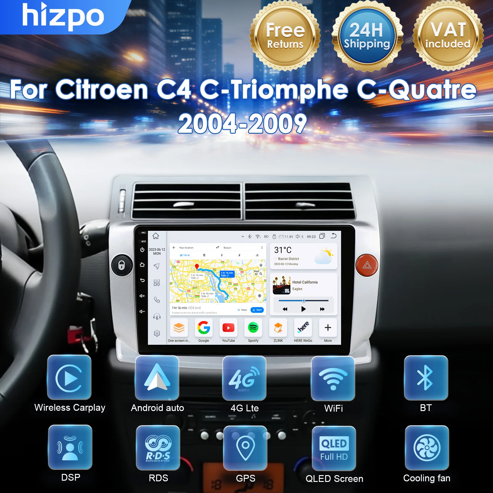 Sistemi Intelligenti per Auto Hizpo con CarPlay Wireless e Android Auto per Citroen C4 C-Triomphe C-Quatre 2004 - 2009, Unità Principale con Monitor DSP SWC