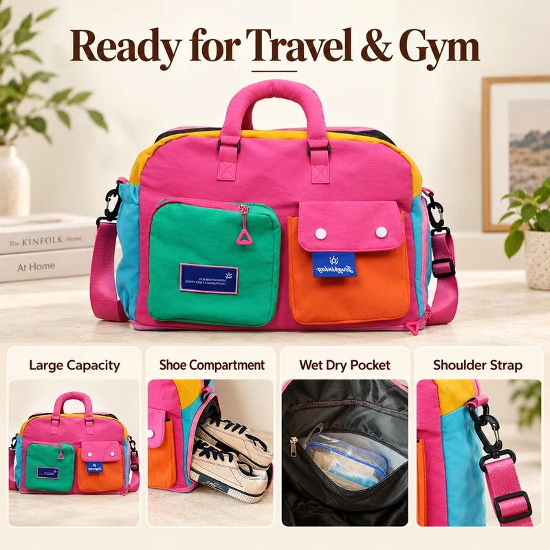 Color Block Travel Duffel Bag, Large Capacity Gym Bag with Shoe Compartment & Wet Dry Pocket, Expandable Weekend Overnight Bag f