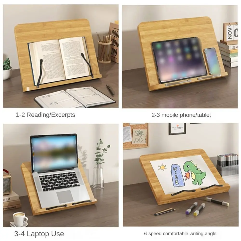 Suporte de livro de madeira com 8 ângulos de inclinação ajustáveis, multifuncional, confortável, suporte de leitura, estável, antiderrapante, bandeja de suporte para livro