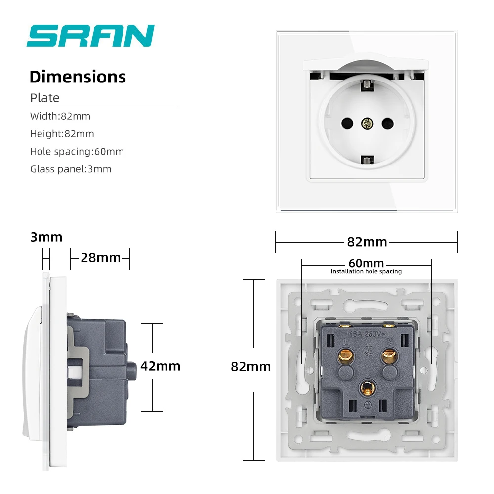 SRAN Wall Electrical Socket with Cover Dustproof, 16A EU Standard Power Outlet with PlastIc Cap 82*82mm Tempered Glass Panel