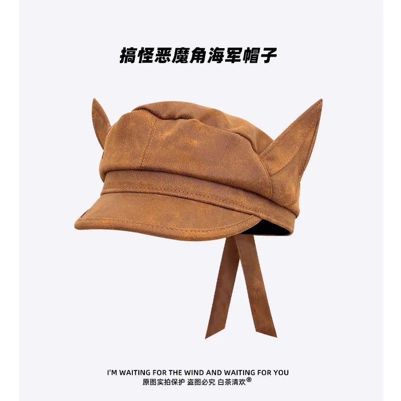High Quality Japanese Niche Retro Funny Suede Devil Horn Beret Hat Women's Autumn Cute Fashion Flat Top Sunshade Newsboy Cap