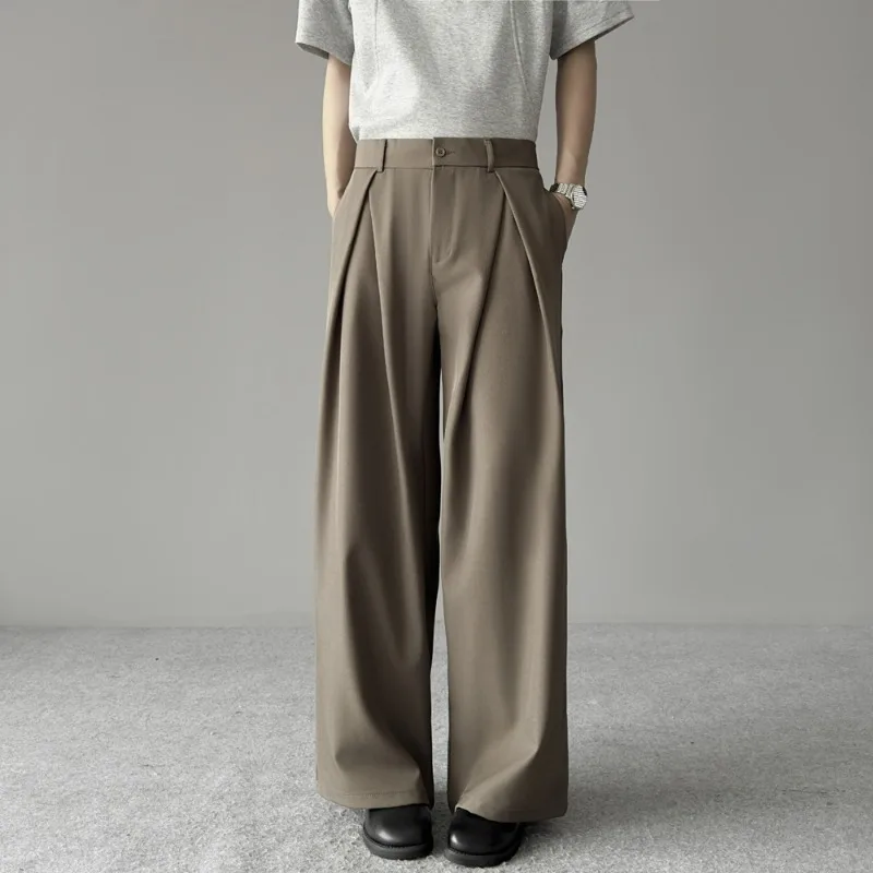 KIDWHXR Men Business Casual Suit Pant Man Loose Straight Pleated Trousers Vintage Simple Solid Ono-ironing Male Full Length Pant