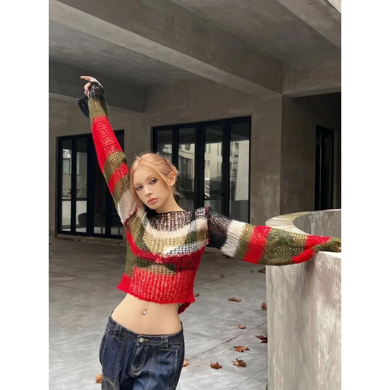 Deeptown Y2K Vintage Cropped distressed Sweater Women Korean Fashion Hollow Out Knitted Jumper Kpop Sexy Backless mesh Knitwear