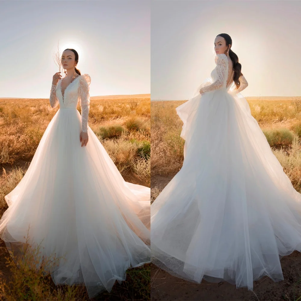 

Customized High Quality White Organza Wedding Dress Exquisite V-Neck Long Sleeves Chapel Train Backless Pearls Bridal Gowns