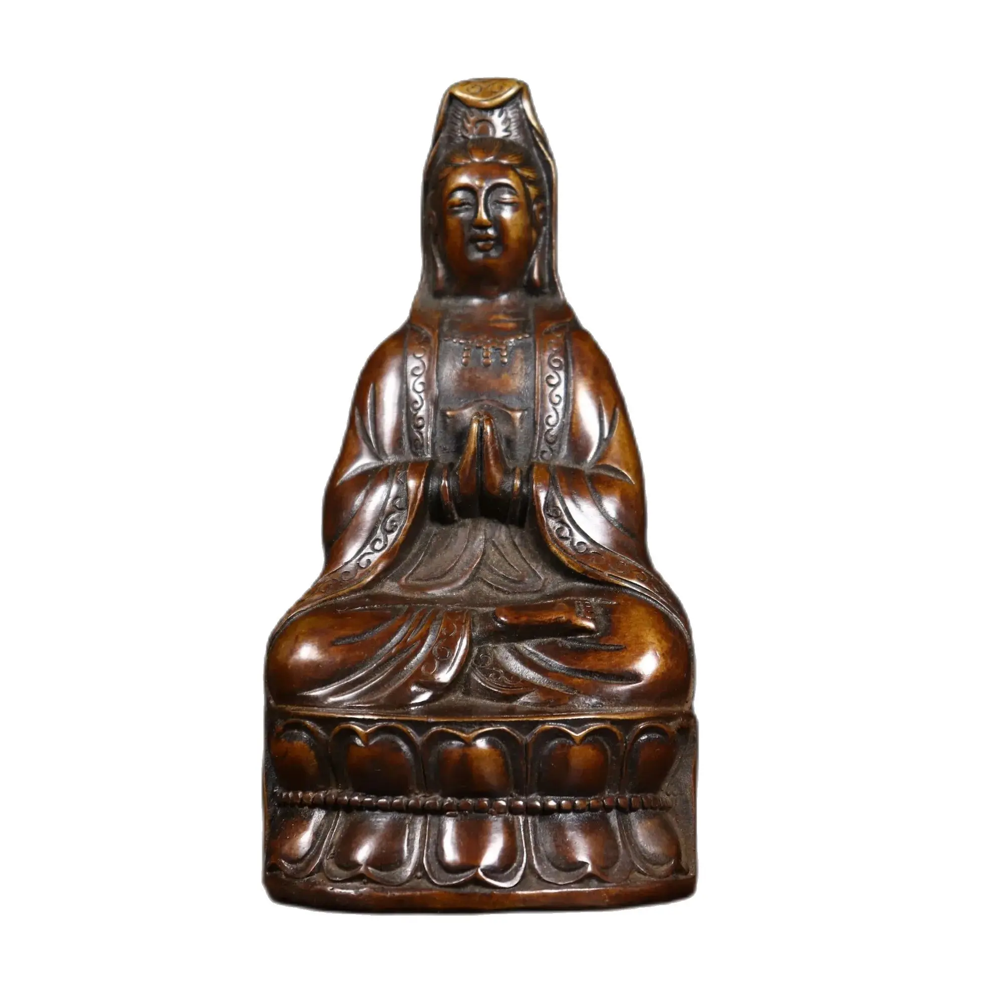 Metal Buddha Bronze Statue Brass Guanyin ornament sitting style with hands clasped together, lotus Guanyin Size: 15.5cm