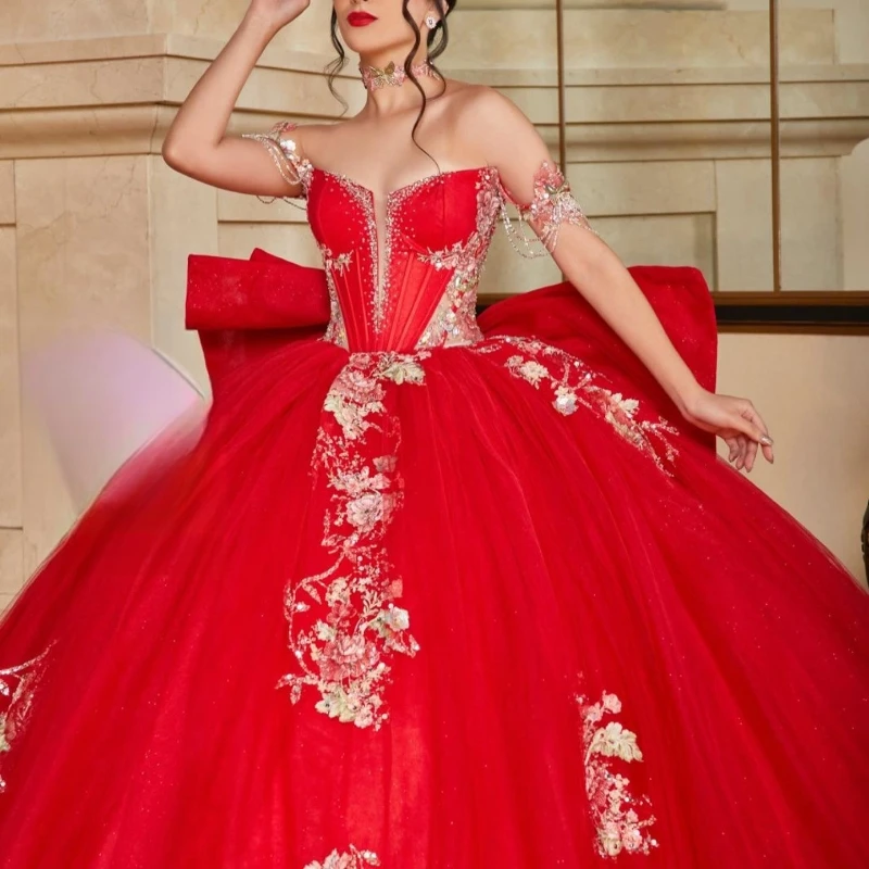 Red Off The Shoulder Corset Mexican Quinceanera Dress 2024 Ball Gown Prom Party Gold Appliques Lace Beads Crystal Tull Vestido