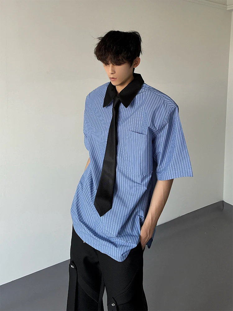 

Мужская рубашка с подплечниками и коротким рукавом, модный воротник, полосатый дизайн, смесь хлопка и полиэстера, летняя повседневная модная рубашка