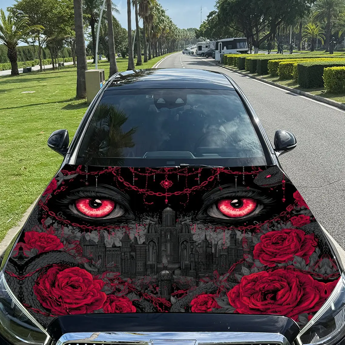 

Красный - глаз, змея, переплетенный темный замок, автомобильная виниловая пленка, материал ПВХ, водонепроницаемая наклейка на капот автомобиля, самоклеящаяся устойчивая к царапинам S