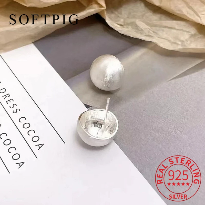 SOFTPIG Real 925 Sterling Silver Wiredrawing Ball Stud Earrings For Women Party Classic Fine Jewelry Minimalist Geometric Gift