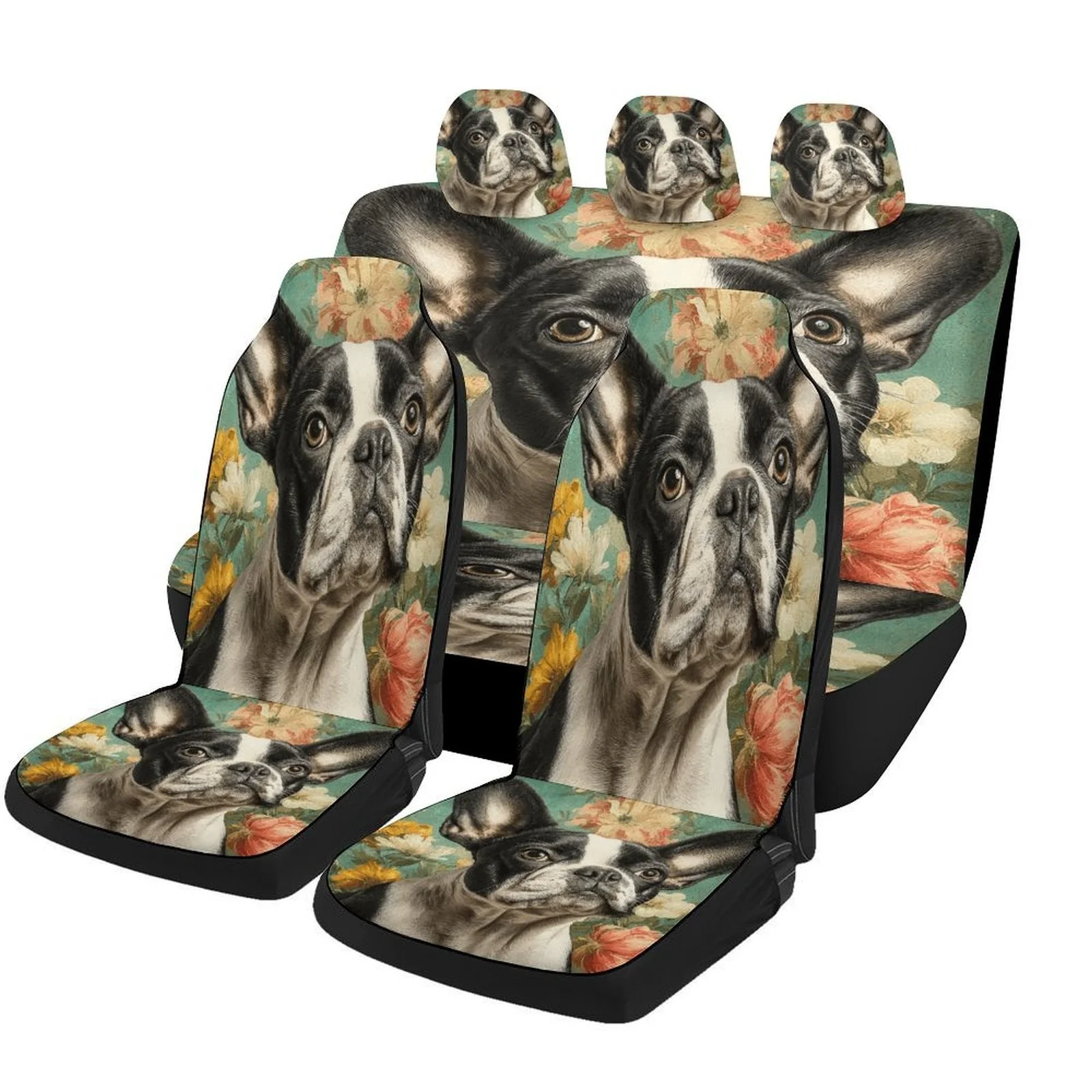 Universal Car Seat Cover Set Featuring French Bulldog Flowers, Suitable For Most Vehicles. This Trendy, High-Quality Full Set In