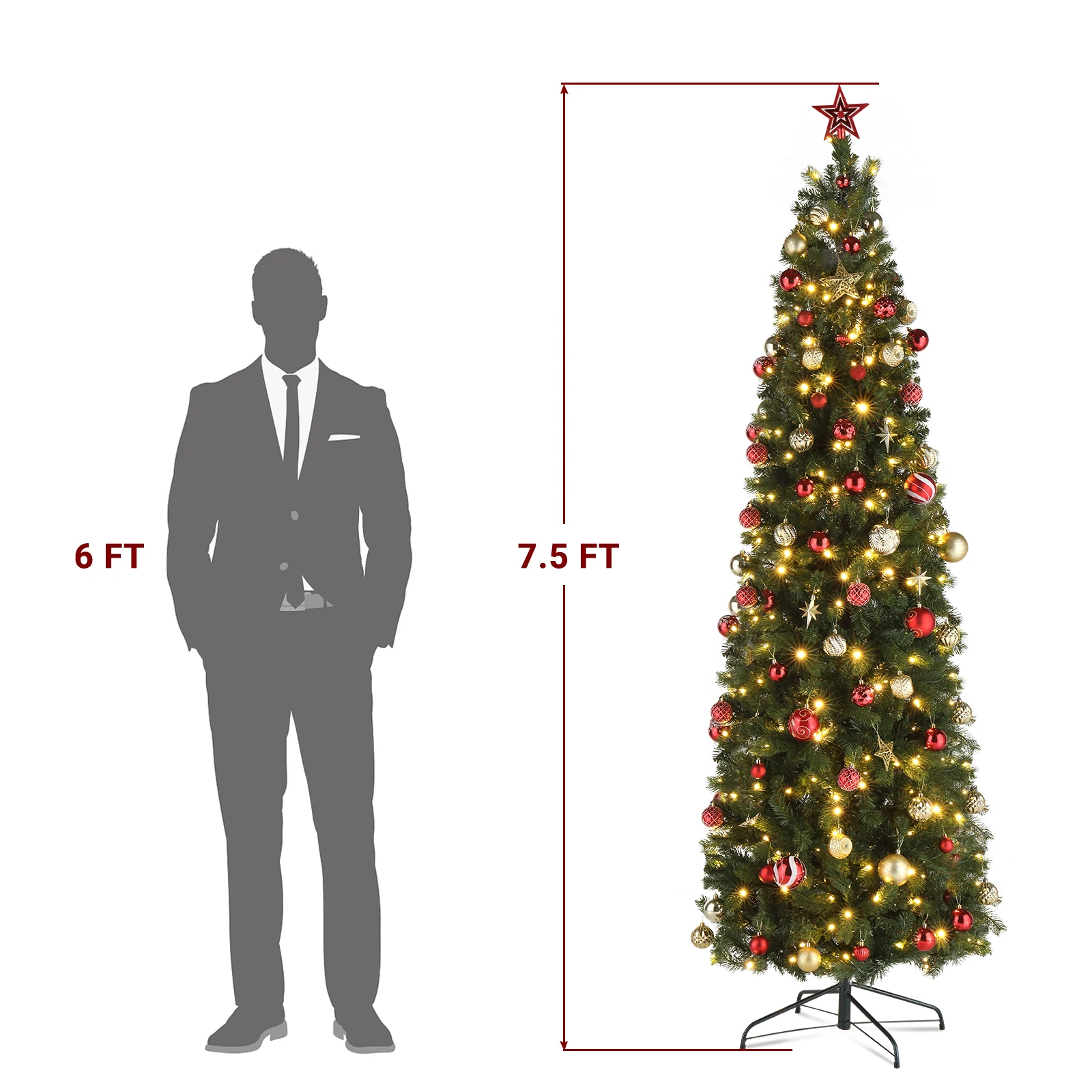 7.5ft Pencil Shape Automatic Tree Structure PVC Material 1090 Round Heads 350 Lights Warm Color With Colorful 10 Modes, Christma