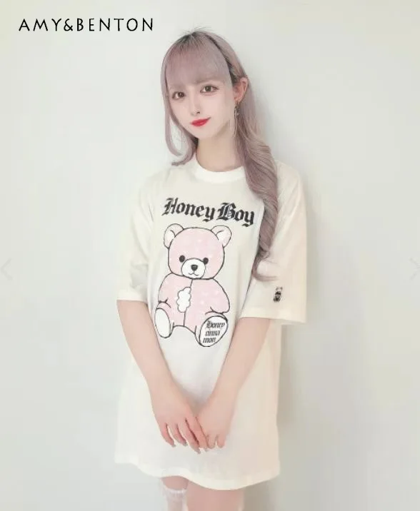 Round Neck Short-Sleeved Women Clothing  Summer Japanese Sweet Cute Cartoon Printed Mid-Length Y2K Top Kawaii Oversized T-shirt