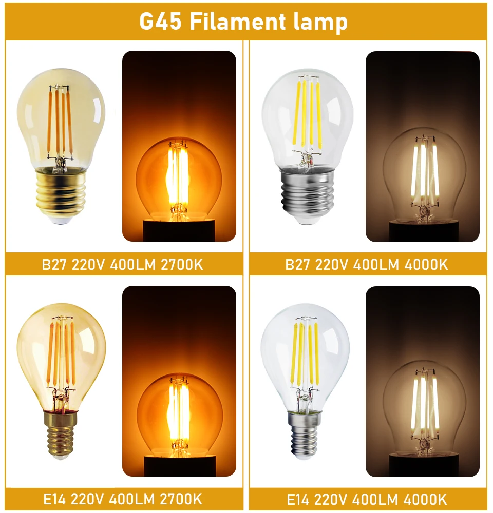 Lâmpada de filamento de vidro LED Edison, luz de vela Vintage, C35, G45, A60, ST64, G80, G95, G125, E27, E14, B22, 220V CA