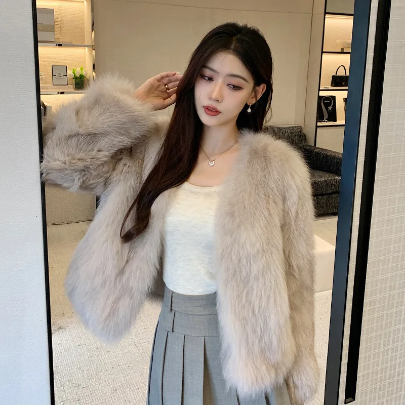 Women Faux Fur Coat Short Jacket Overcoat V Neck Long Sleeve Open Stitch Loose Outwear Thick Office Casual 2025 Autumn Winter