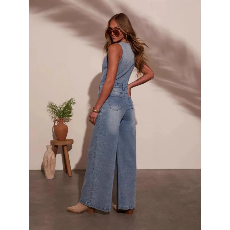 Women's Casual V-Neck Sleeveless Denim Jumpsuit Summer 2026 American Style High Waist Pants