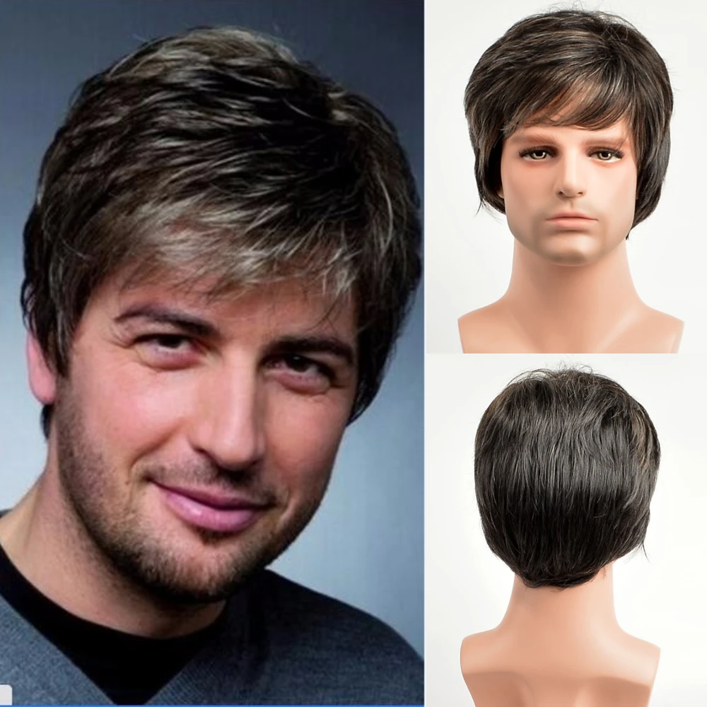 Peluca sintética rizada corta para hombres, cabello Natural realista diario, Ombre, gris y marrón