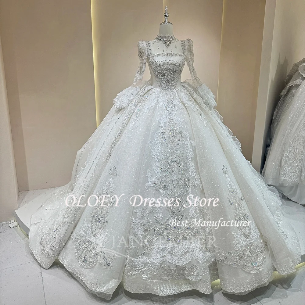 

OLOEY Customized Wedding Dress for Women Long Sleeves Ball Gown Lace Up Back Square Collar Court Train 2026