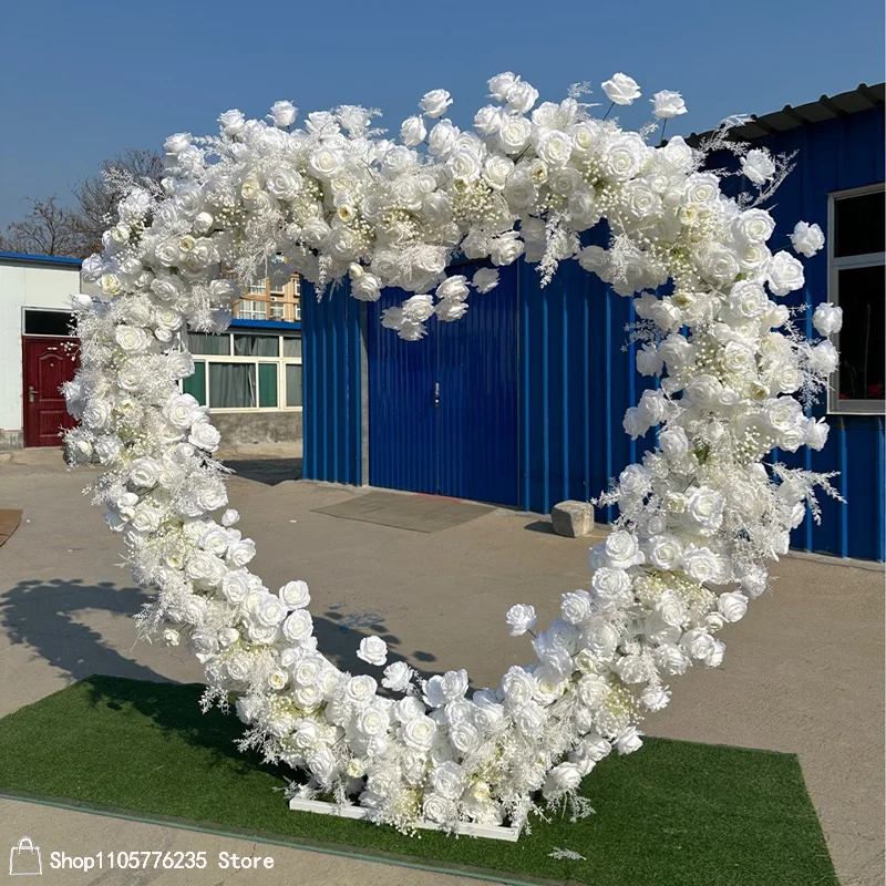 Weißer Rosen- und Schleierkraut-Herzförmiger Blumenbogen, Künstlicher Blumen-Hochzeitshintergrund, Rahmen für Zeremonien, Partys, Fotobox-Dekoration, Requisiten – Detail 5