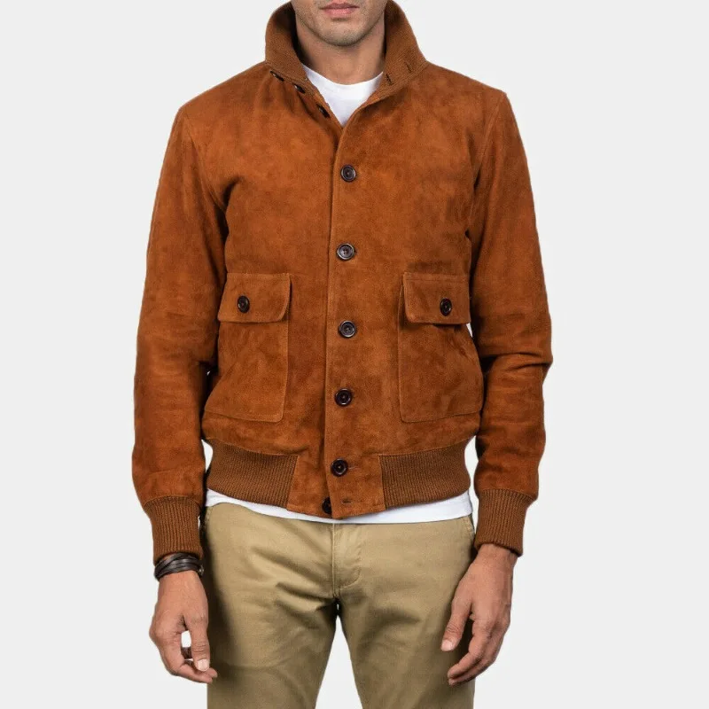 

Men's Sheepskin Best Selling Suede Leather Jacket Biker TAN Coat Buttons Bomber