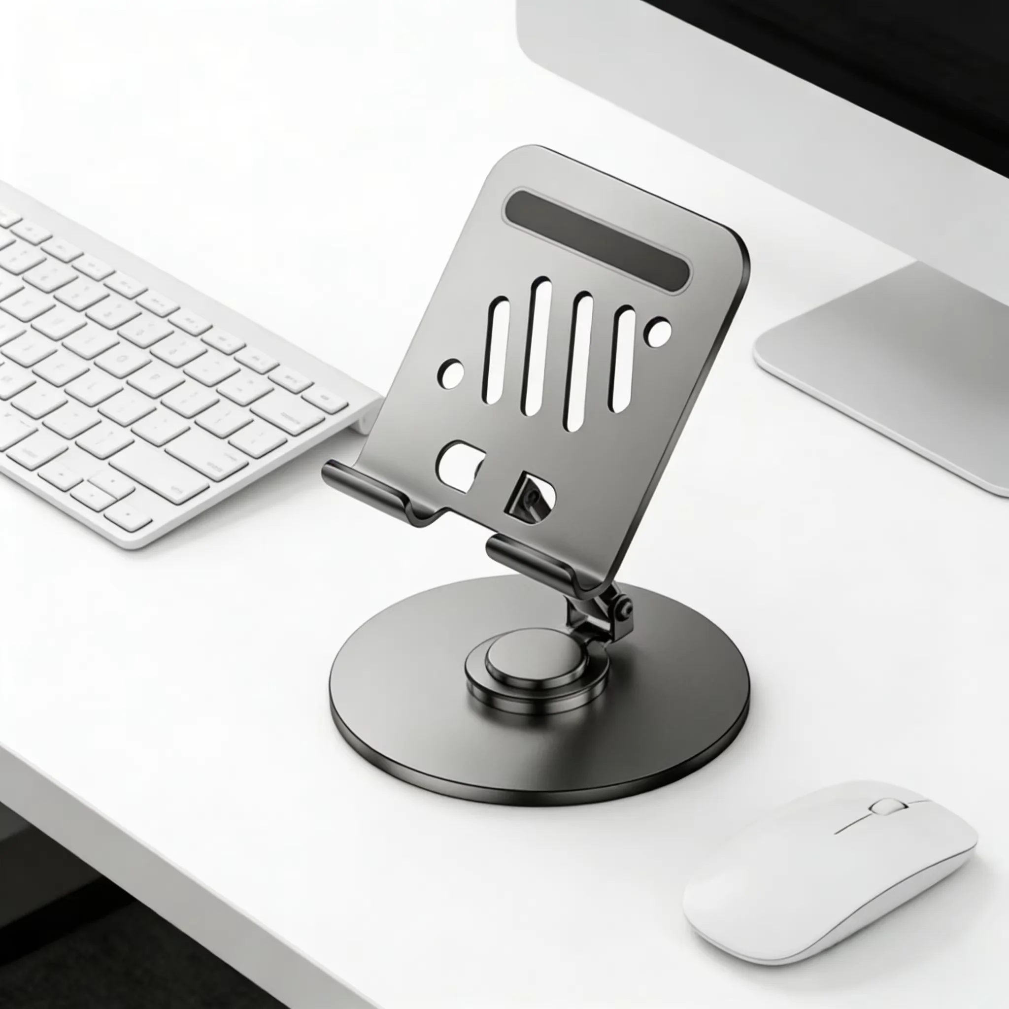 Rotating Tablet and Smartphone Stand - Durable Carbon Steel Construction, 360° Adjustable Angle, Foldable Design.