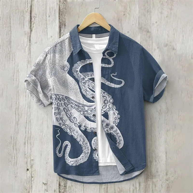 2024 Hot Sale Foreign Trade Bamboo Hemp Ethnic Style Auspicious Cloud Dragon 3D Printed Short Sleeve Shirt Lapel Single Breasted