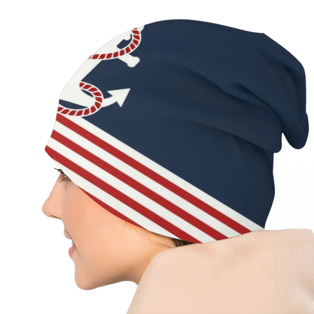 Navy Blue Stripes Nautical Anchor Boat Bonnet Hat Knitting Hat Men Women Fashion Unisex Adult Winter Warm Skullies Beanies Caps