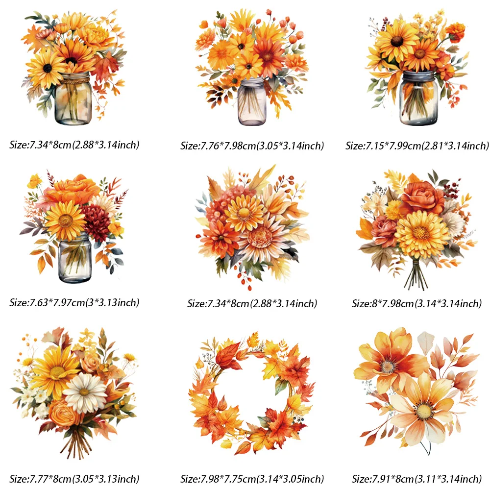 9piece Bouquet of flowers Patch Hot Press for Clothing DIY T-shirt Stickers Wreath