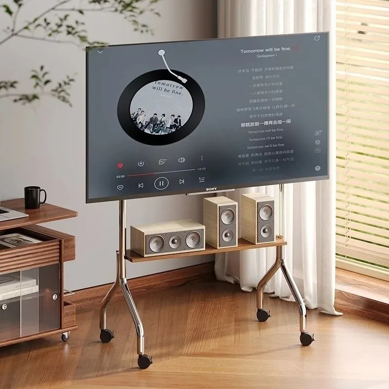 حامل تلفزيون متنقل فاخر من الفولاذ المقاوم للصدأ والخشب عربة تلفزيون متدحرجة مع عجلات قابلة للقفل لأجهزة التلفاز مقاس 32-75 بوصة في المنزل الراقية