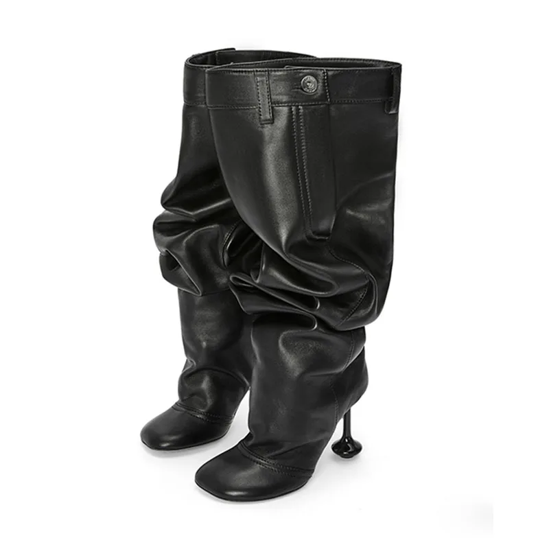 Arden Furtado 2024 Strange Style heel Thigh high boots Round toe Super high heel Patchwork Slip-on Pleated Modern boots