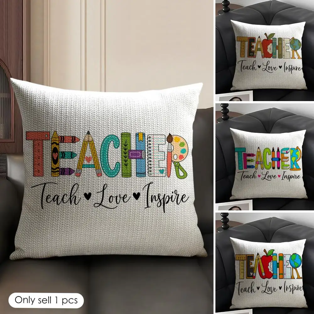 Teach Love Inspire Cushion Cover Breathable Linen Organic Fabric Double-Sided Printing Sofa Pillow Case Home Decor