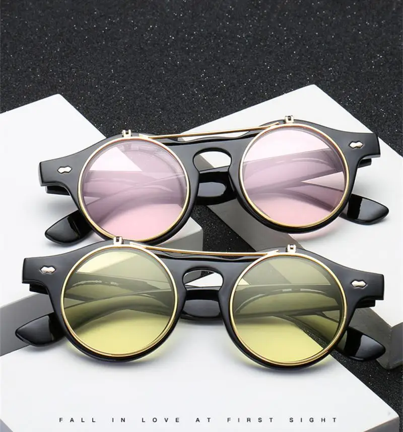 Retro Flip Sunglasses Fashion Metal Small Frame Round Sun Glasses Men Women Vintage Summer Outdoor Driving Travel Oculos De Sol